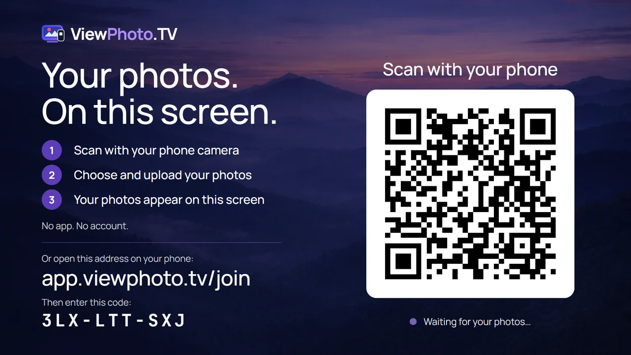 ViewPhoto.TV start screen on a TV: a QR code, three steps and a code for app.viewphoto.tv/join